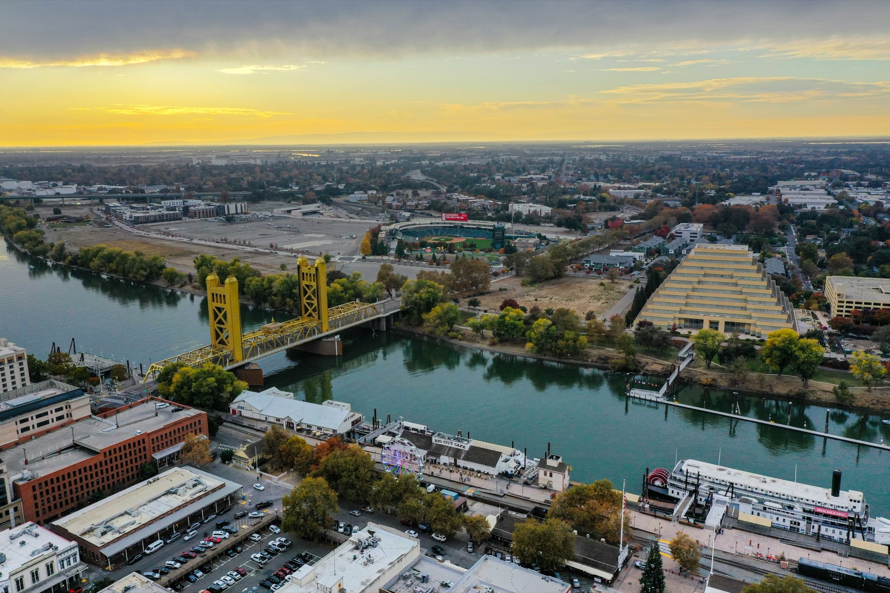 Sacramento riverfront and Tower Bridge at sunset